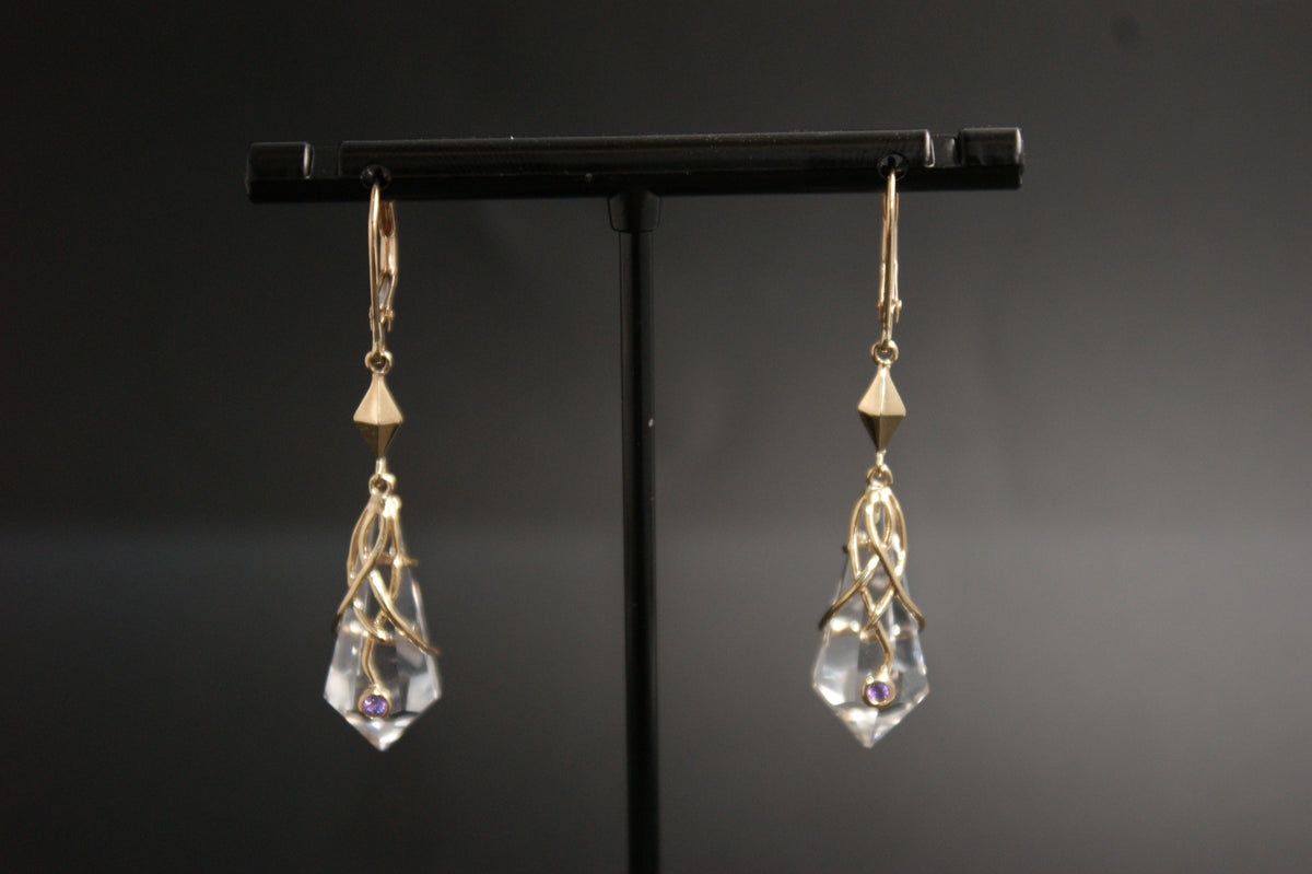 0156- 9ct Gold Rock Crystal Drop Earrings with Amethyst Accents