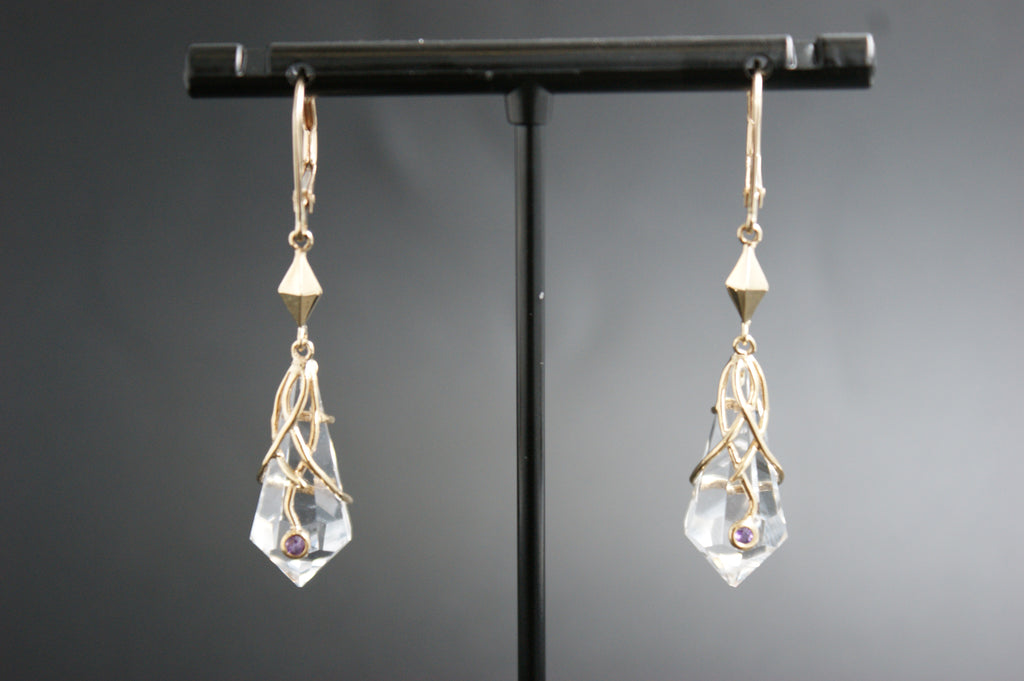 0156- 9ct Gold Rock Crystal Drop Earrings with Amethyst Accents