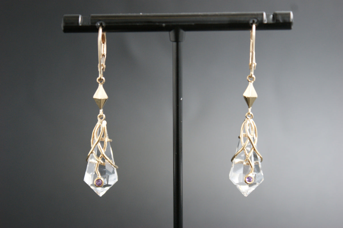 0156- 9ct Gold Rock Crystal Drop Earrings with Amethyst Accents
