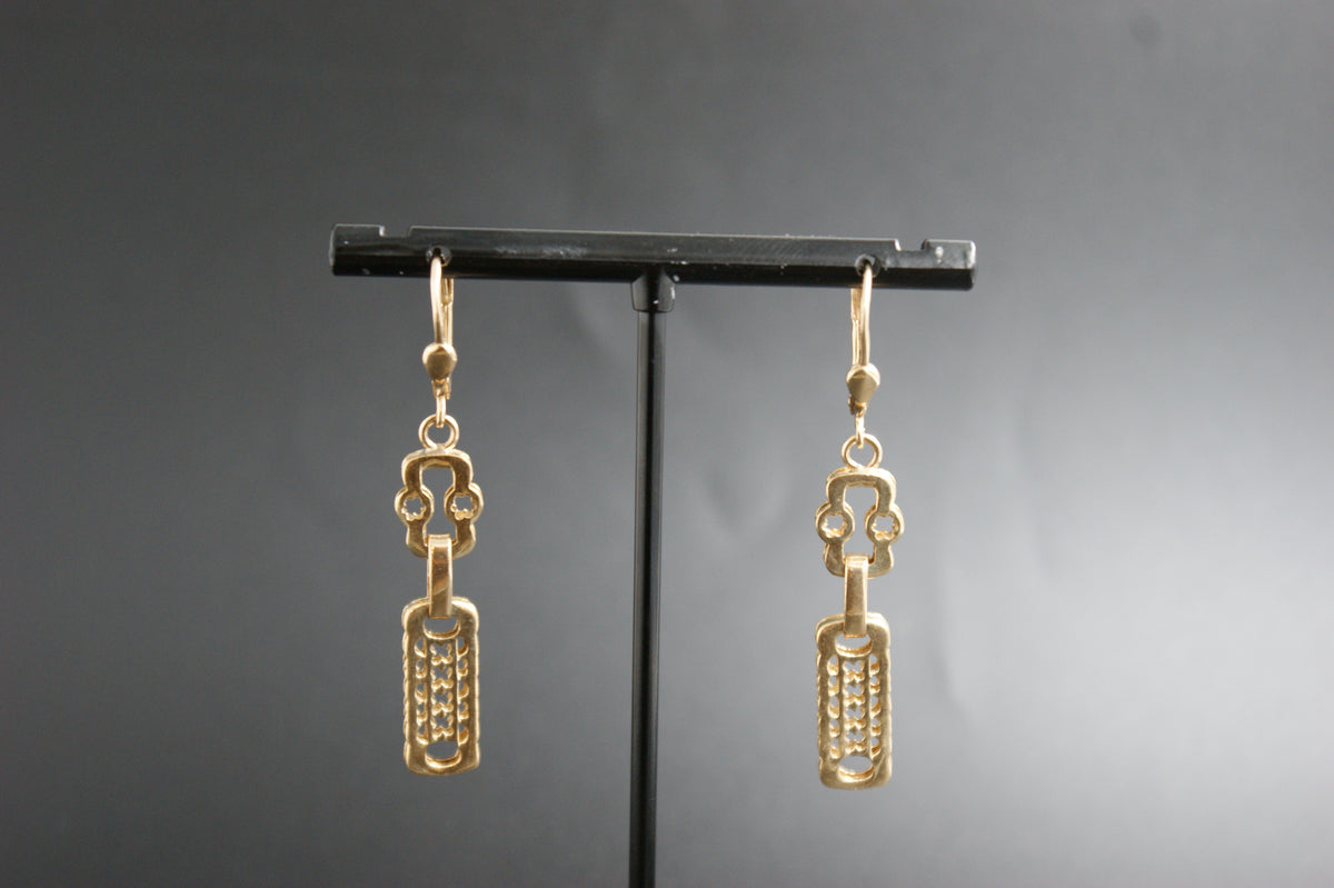 0157- 9ct Gold Stars and Bars Link Drop Earrings