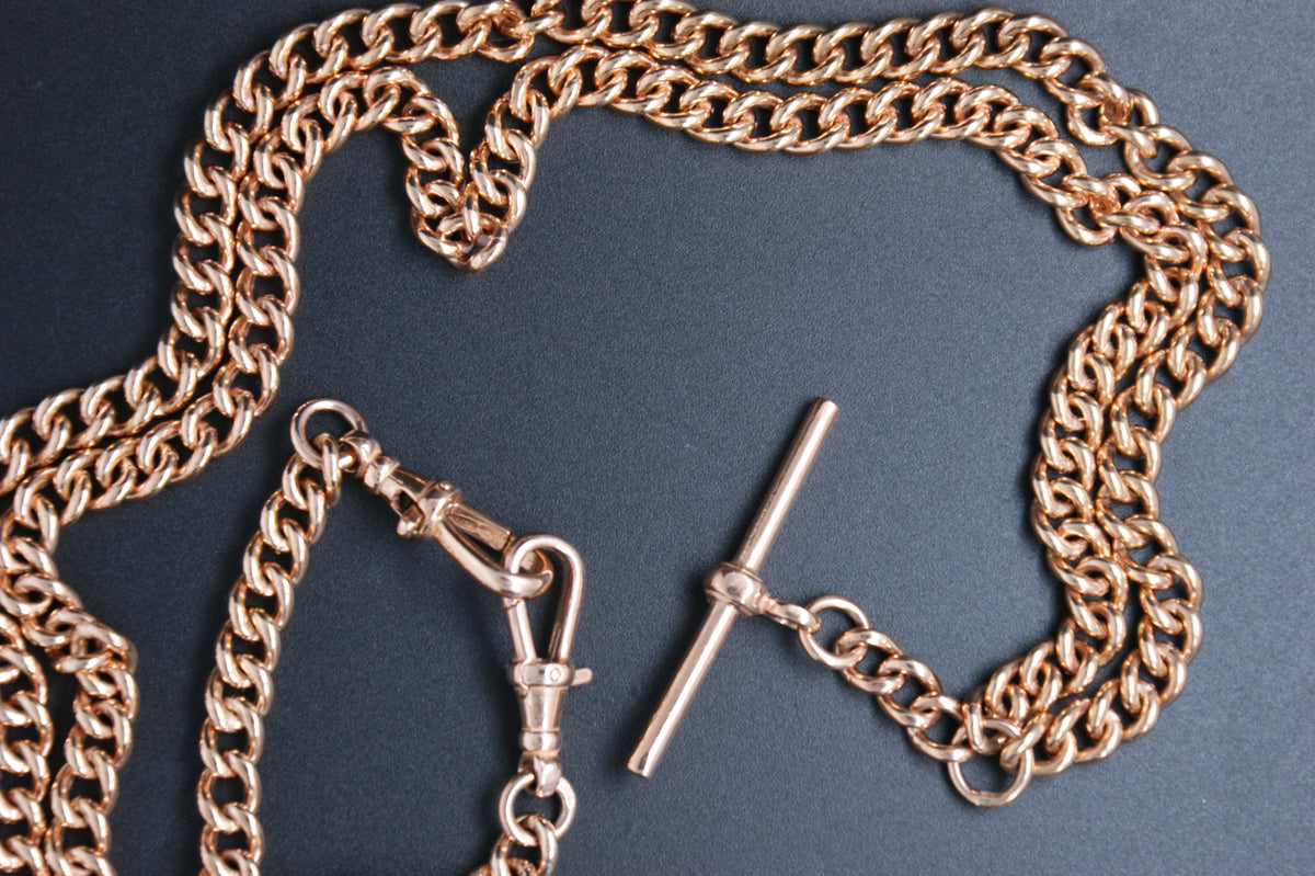 0159- 9ct Rose Gold 26'' Curb Link Albert T-Bar Chain Necklace