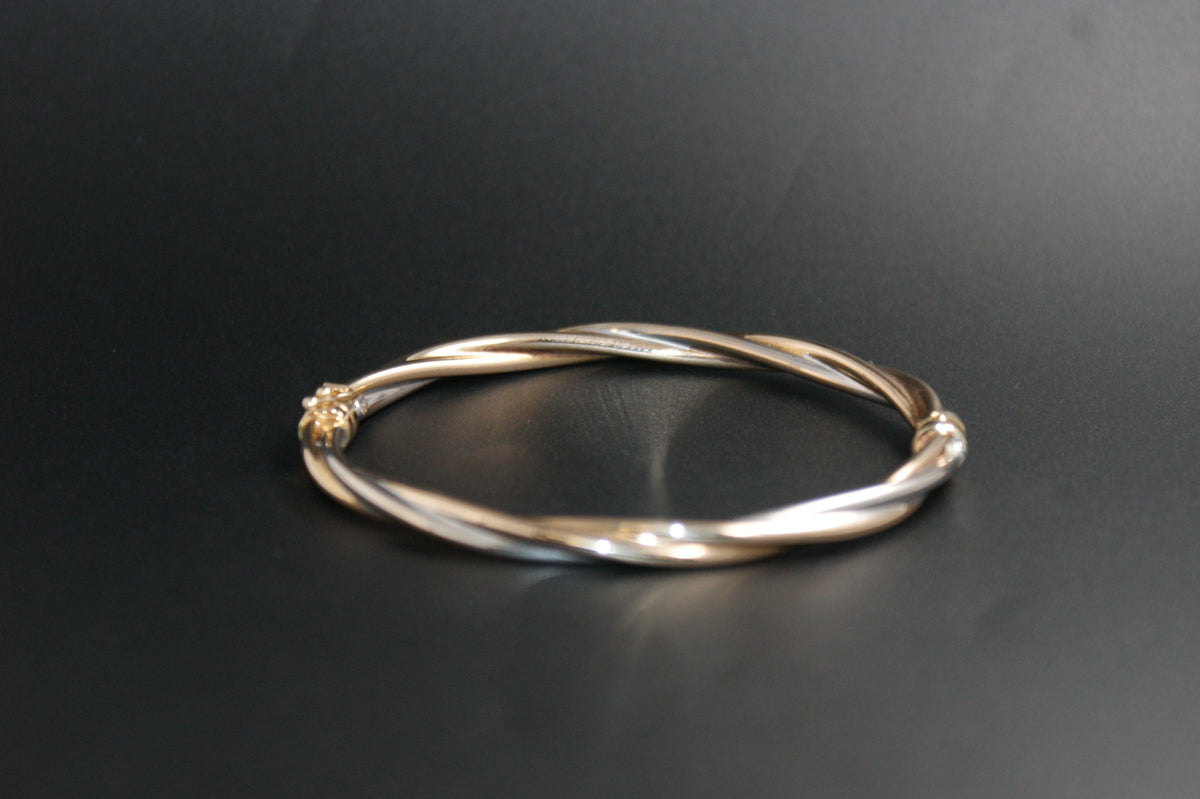 0177-9ct Three-Tone Gold Twisted Crossover Bangle