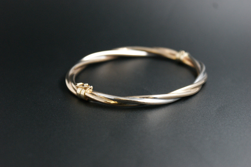 0177-9ct Three-Tone Gold Twisted Crossover Bangle
