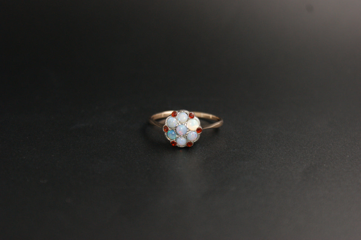 0184- 9ct Gold and Silver Multi-Stone Opal and Garnet Ring