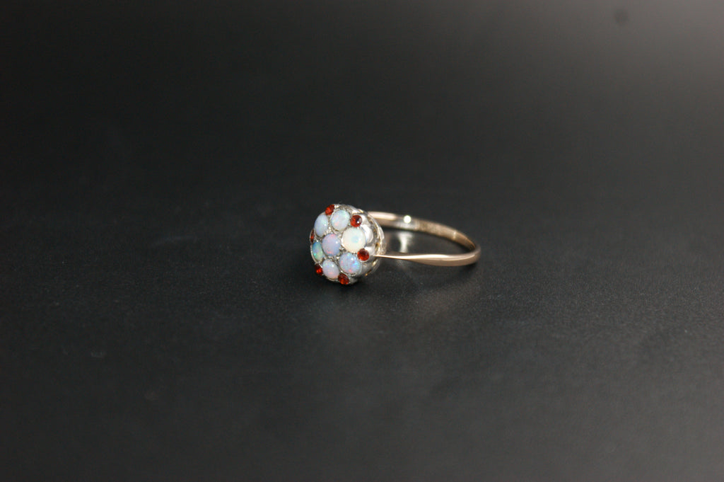 0184- 9ct Gold and Silver Multi-Stone Opal and Garnet Ring