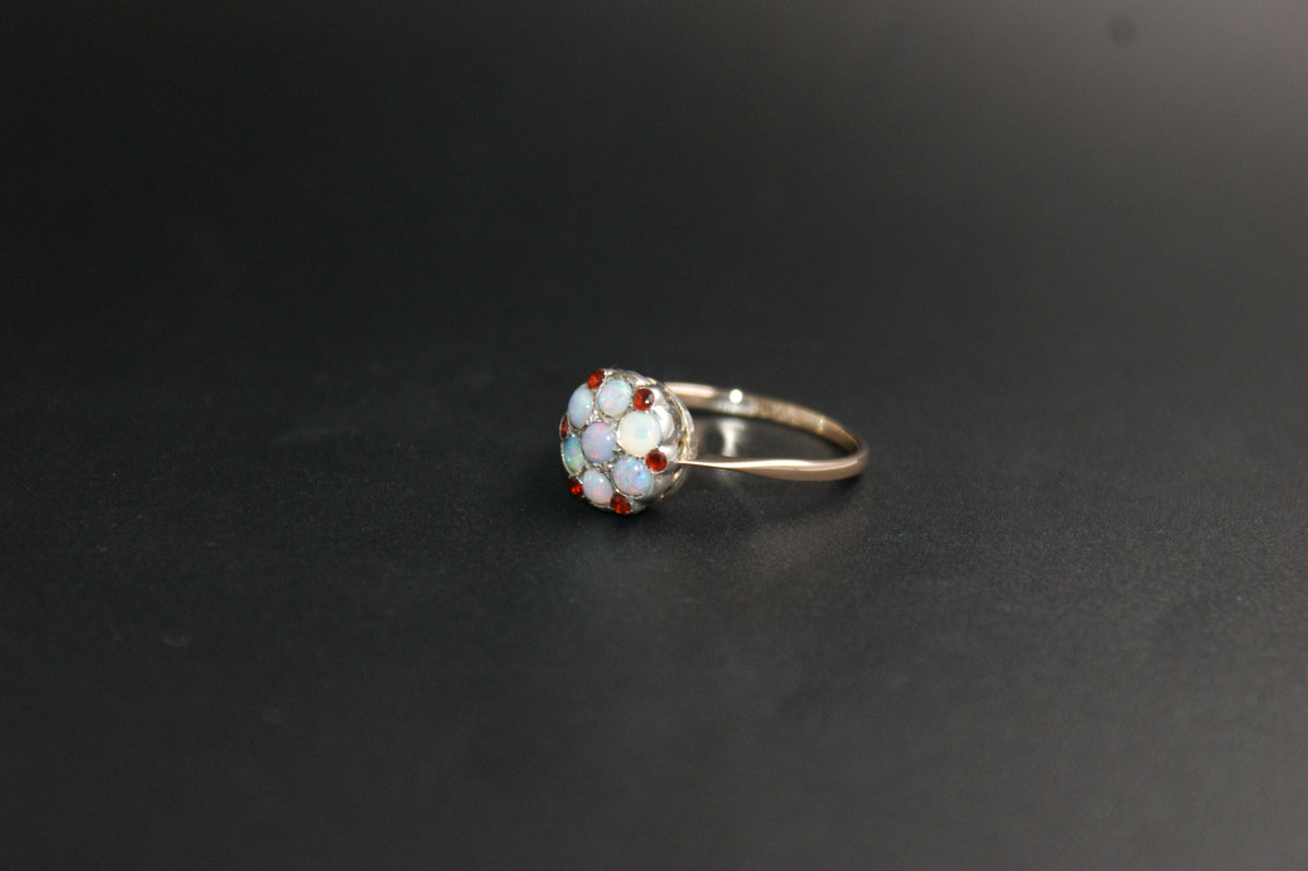 0184- 9ct Gold and Silver Multi-Stone Opal and Garnet Ring