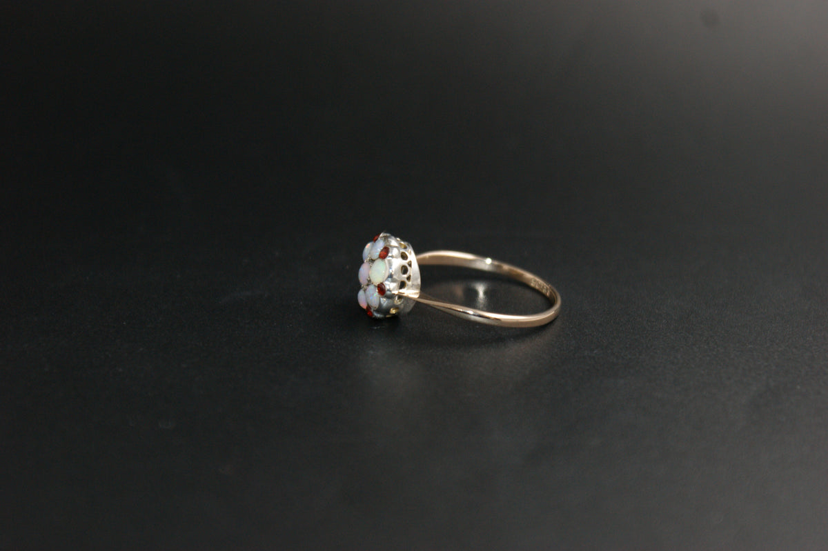 0184- 9ct Gold and Silver Multi-Stone Opal and Garnet Ring