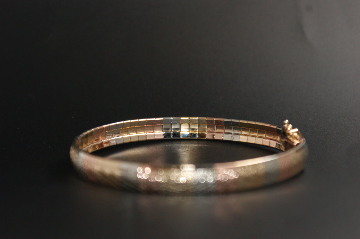 0194- 14ct  Tri-Colour Gold 7 1/4 Inch Hinged Panel Bracelet