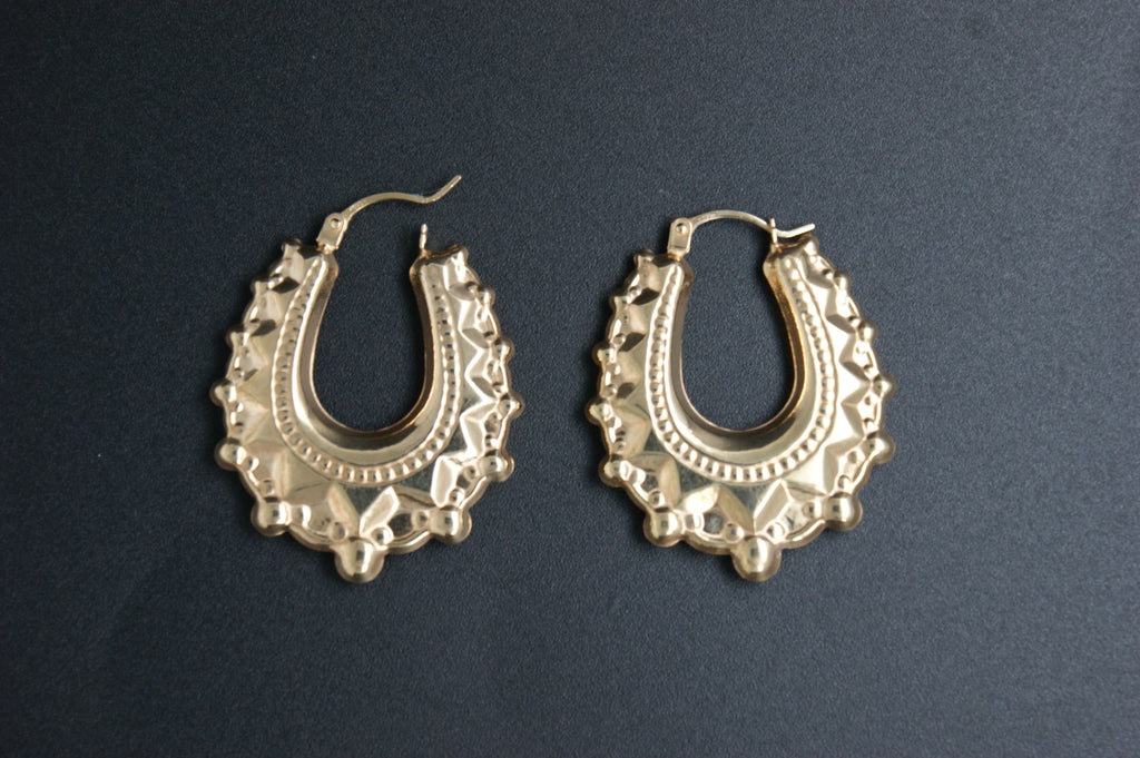 0195- 9ct Yellow Gold Ornate Creole Earrings