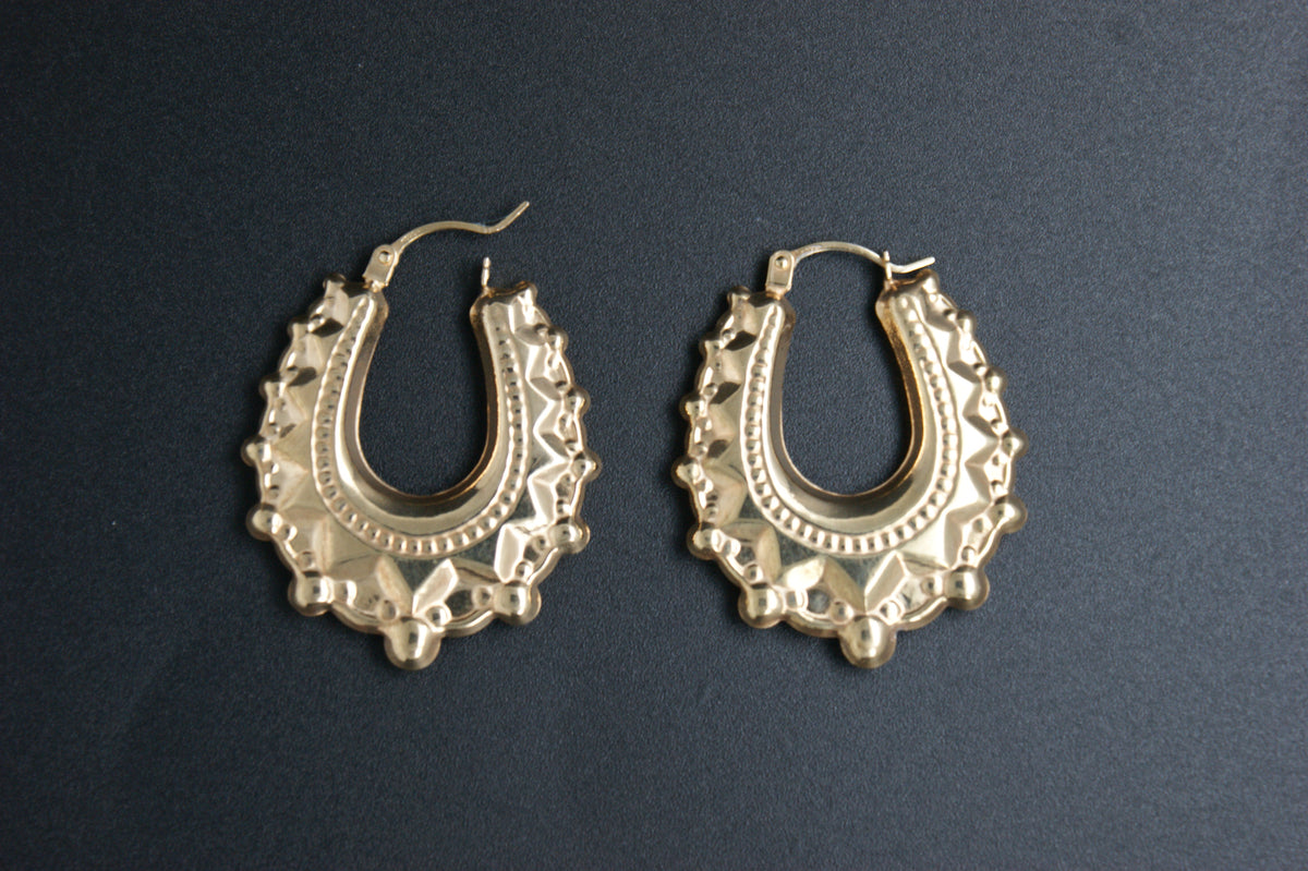 0195- 9ct Yellow Gold Ornate Creole Earrings