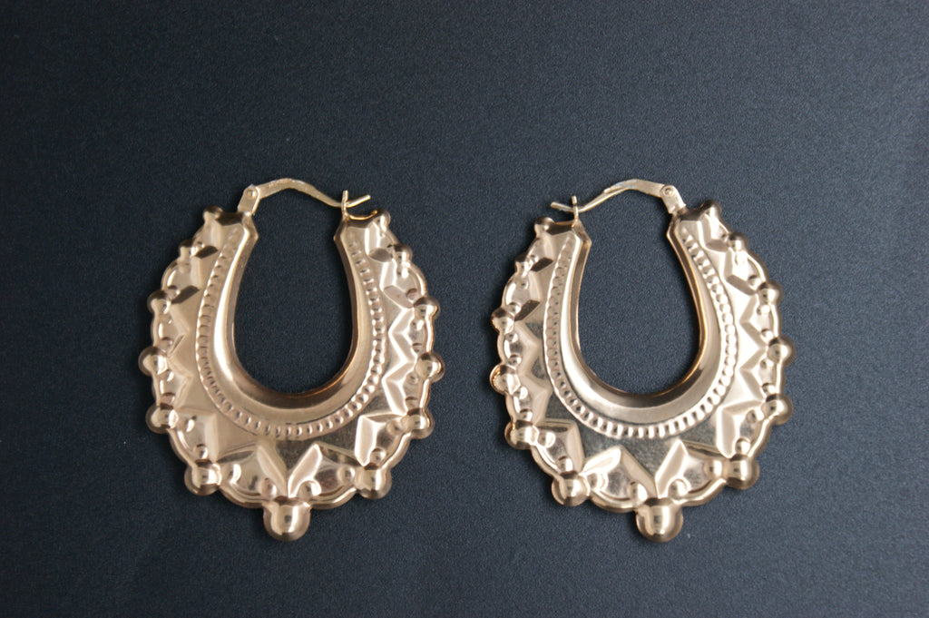 0197- 9ct Yellow Gold Ornate Creole Earrings