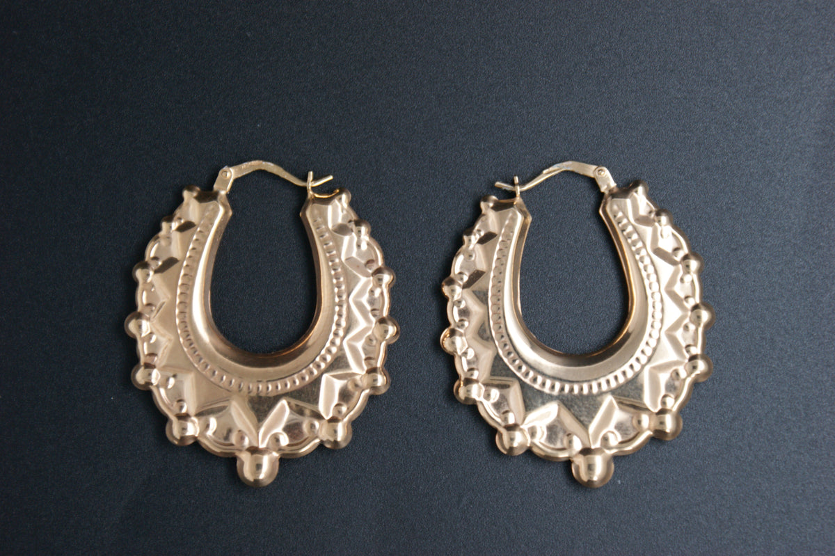 0197- 9ct Yellow Gold Ornate Creole Earrings