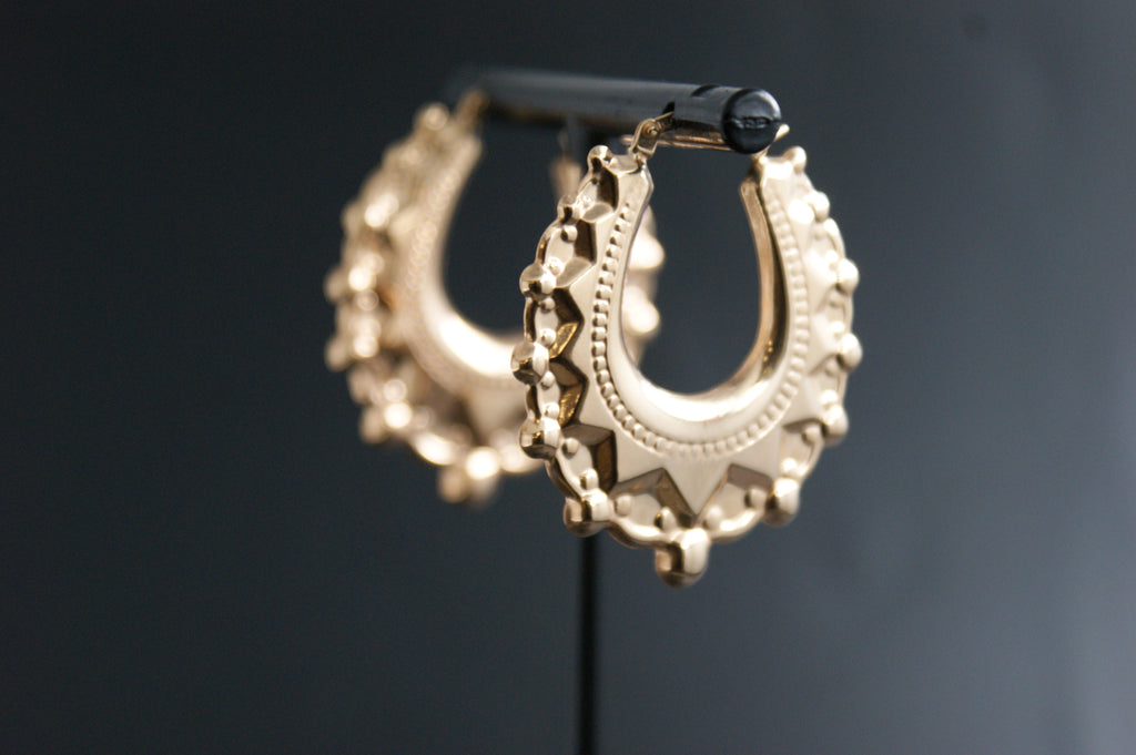 0197- 9ct Yellow Gold Ornate Creole Earrings