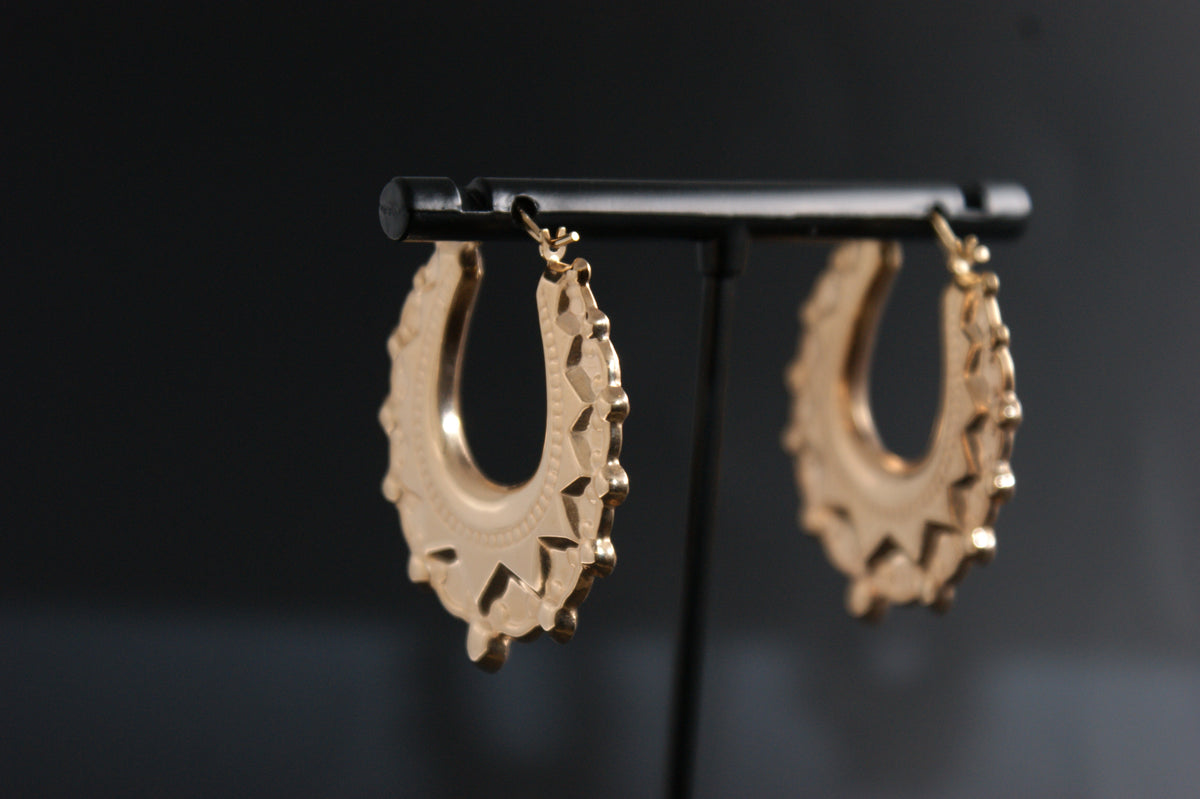 0197- 9ct Yellow Gold Ornate Creole Earrings