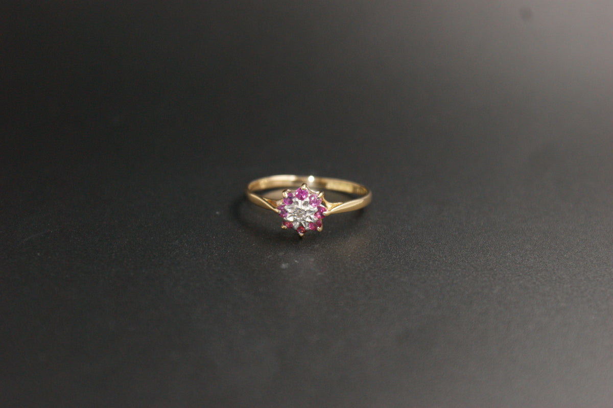 0202-18ct Yellow Gold Ruby and Diamond Cluster Ring