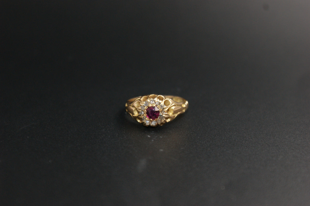 0207- 18ct Yellow Gold Ruby and Diamond Cluster Ring