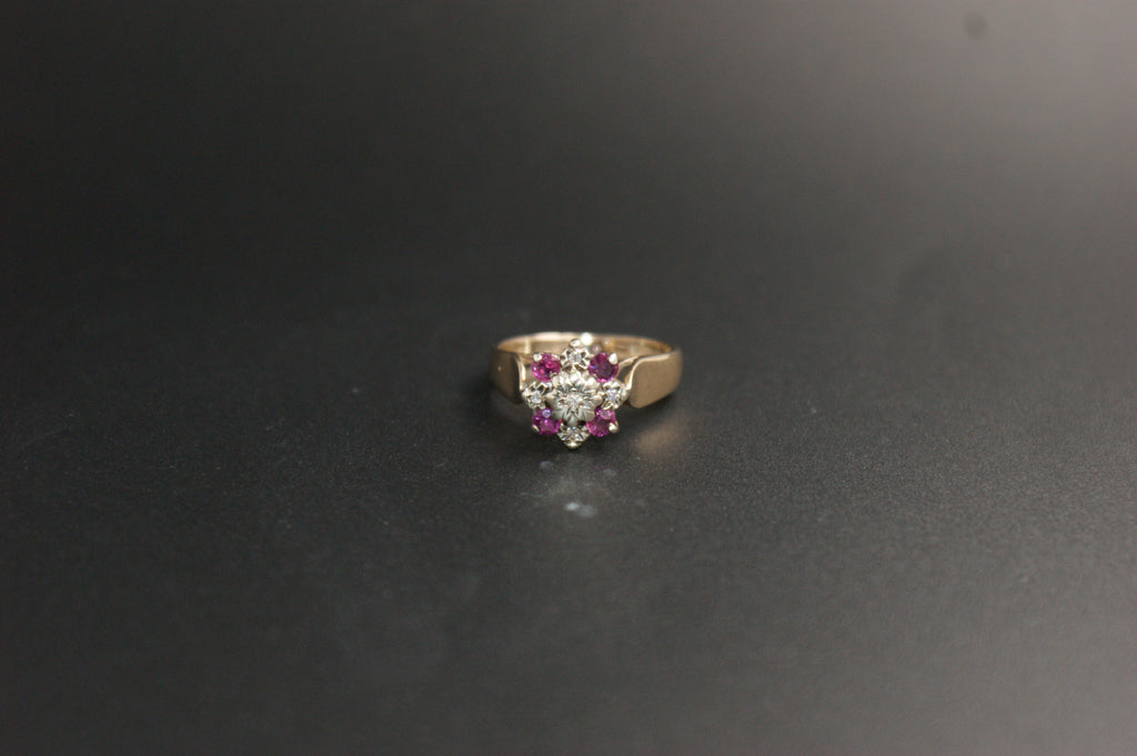 0208- 9ct Gold Ruby and Diamond Cluster Ring