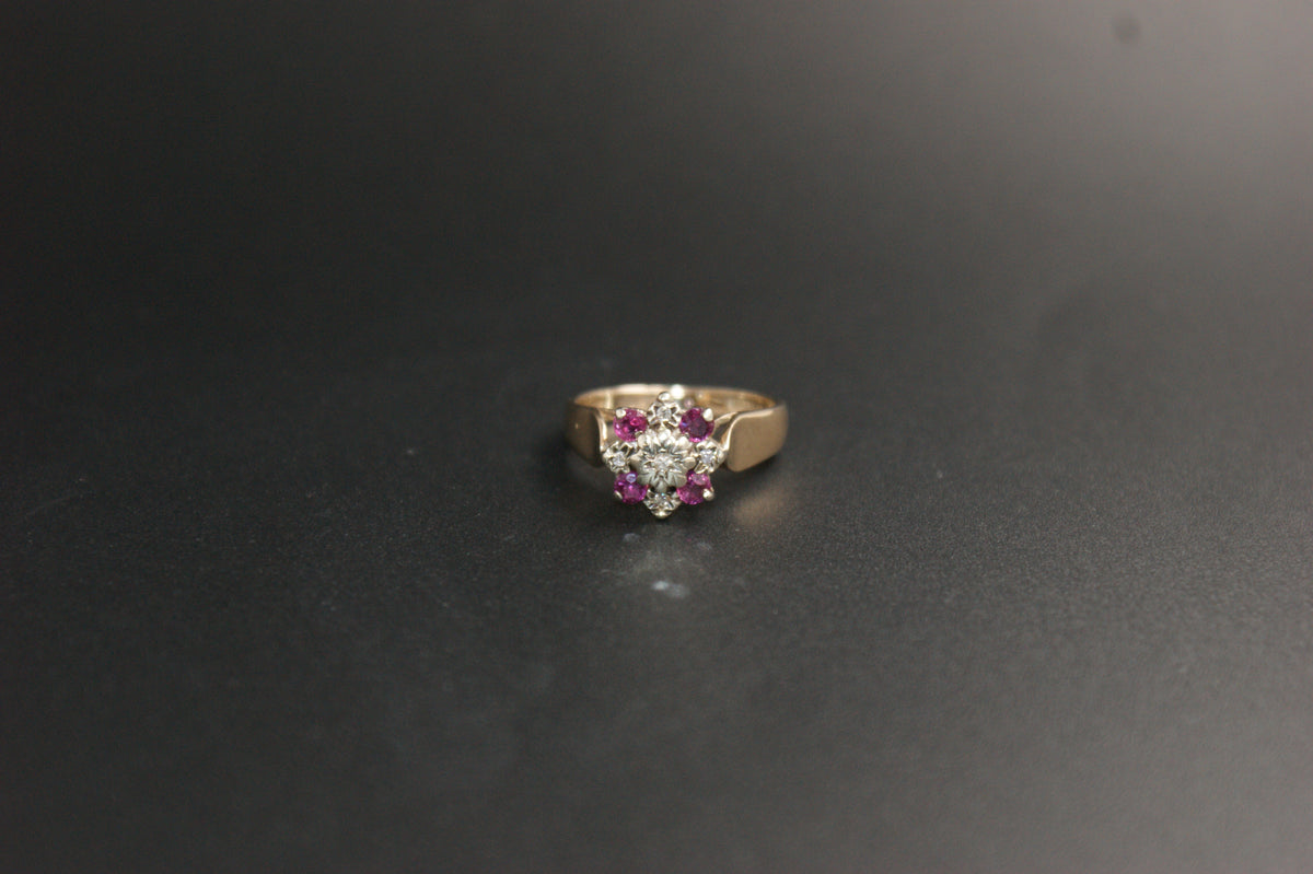 0208- 9ct Gold Ruby and Diamond Cluster Ring