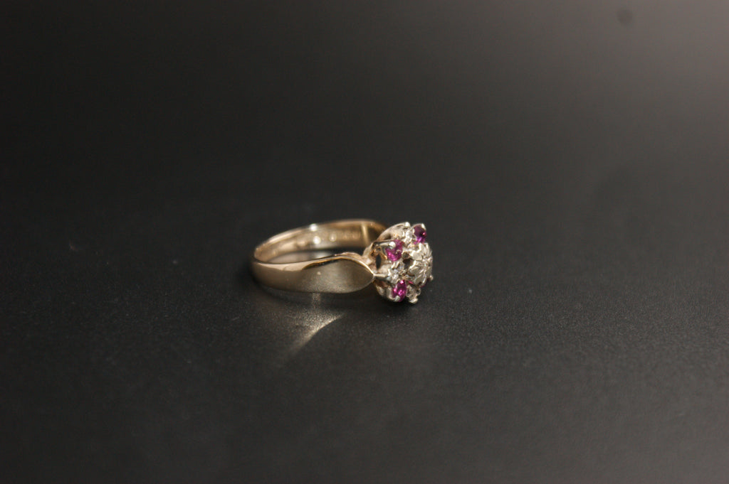0208- 9ct Gold Ruby and Diamond Cluster Ring