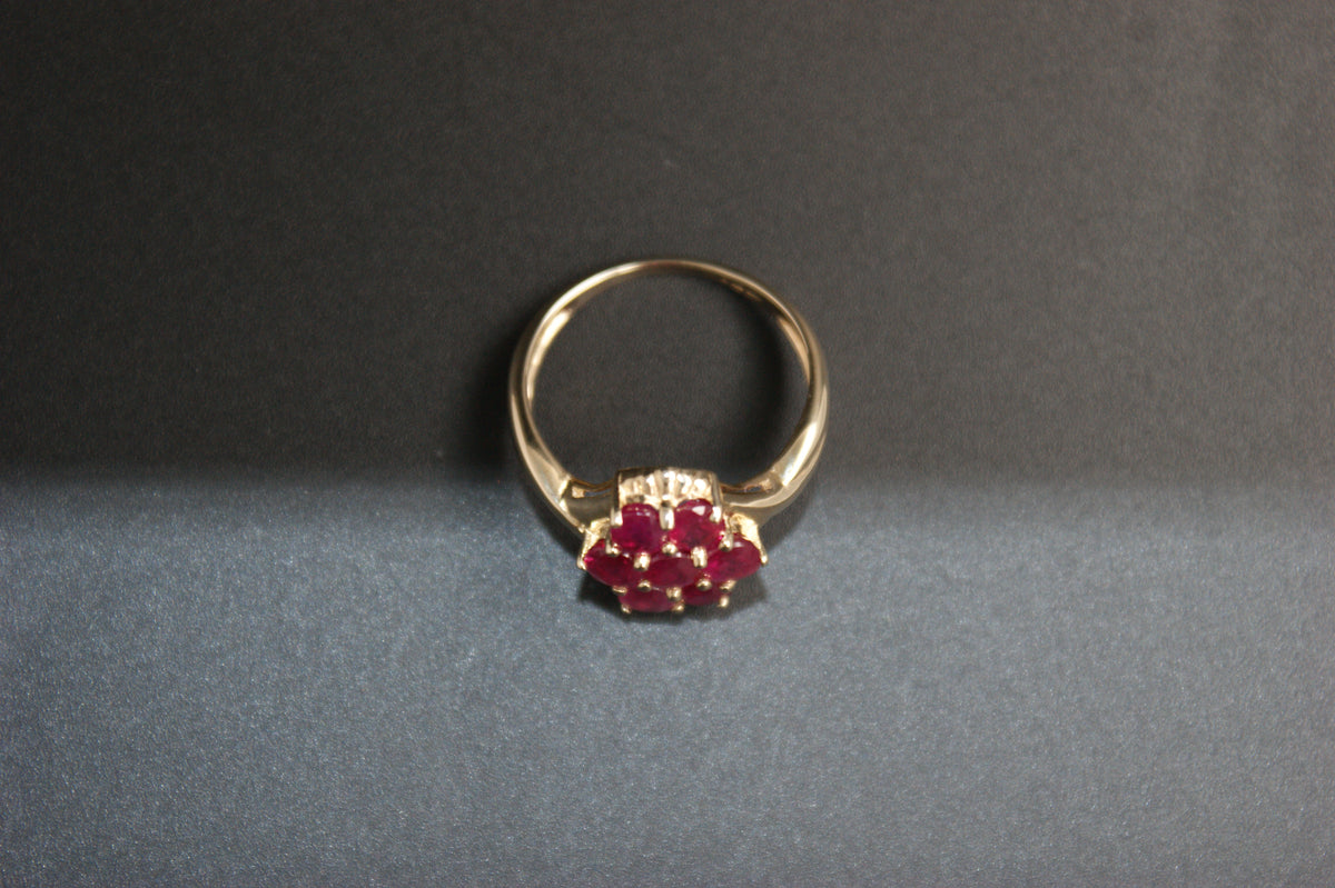 0211- 9ct Yellow Gold Ruby Cluster Ring