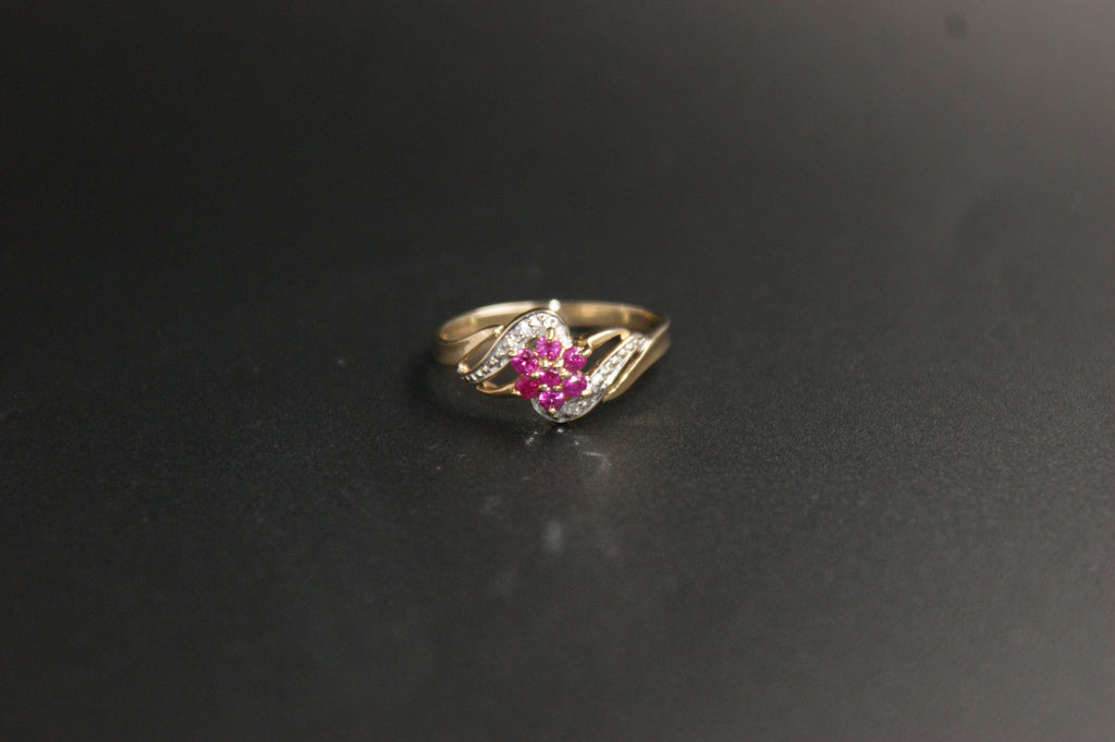 0213- 9ct Gold Ruby and Diamond Crossover Ring